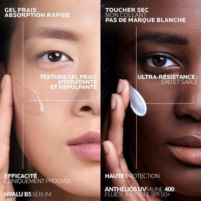 ROUTINE ANTI-ÂGE GLOBALE : SÉRUM HYALU B5 ET ANTHELIOS UVMUNE 400 FLUIDE INVISIBLE SPF50+