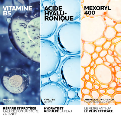 ROUTINE ANTI-ÂGE GLOBALE : SÉRUM HYALU B5 ET ANTHELIOS UVMUNE 400 FLUIDE INVISIBLE SPF50+