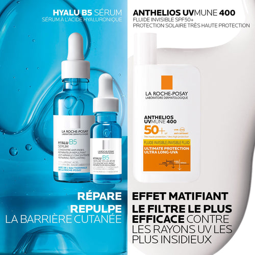 ROUTINE ANTI-ÂGE GLOBALE : SÉRUM HYALU B5 ET ANTHELIOS UVMUNE 400 FLUIDE INVISIBLE SPF50+