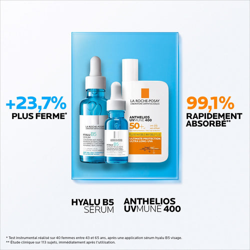 ROUTINE ANTI-ÂGE GLOBALE : SÉRUM HYALU B5 ET ANTHELIOS UVMUNE 400 FLUIDE INVISIBLE SPF50+