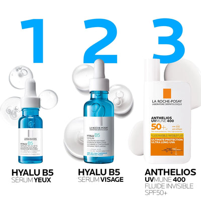 ROUTINE ANTI-ÂGE GLOBALE : SÉRUM HYALU B5 ET ANTHELIOS UVMUNE 400 FLUIDE INVISIBLE SPF50+