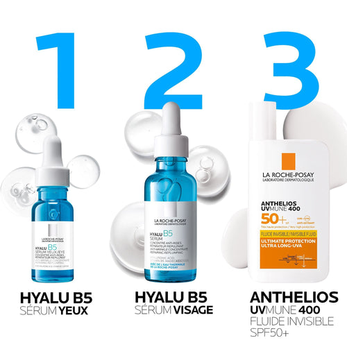 ROUTINE ANTI-ÂGE GLOBALE : SÉRUM HYALU B5 ET ANTHELIOS UVMUNE 400 FLUIDE INVISIBLE SPF50+